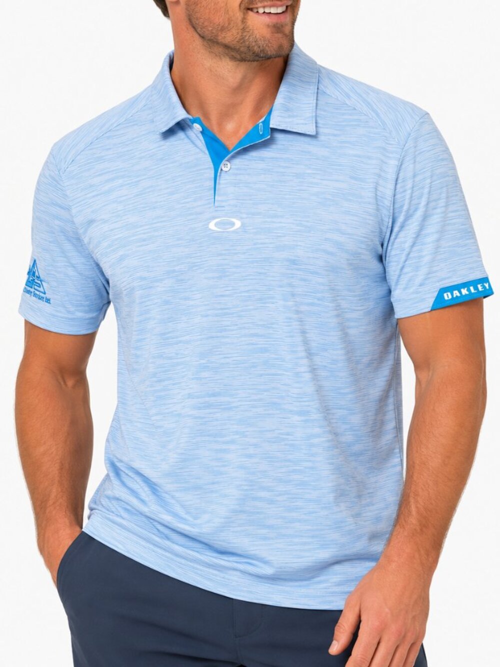 OAKLEY Gravity Performance Polo Shirt Heather Blue White XL Golf Athletic LOGO